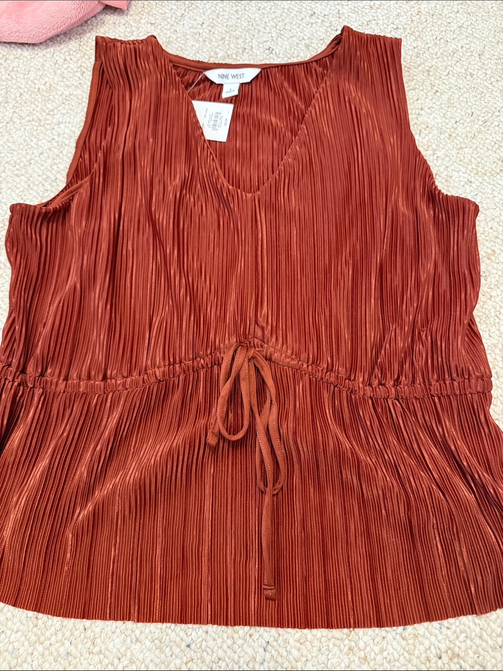 Nine West Rust Red Pleated V-Neck Drawstring Tank